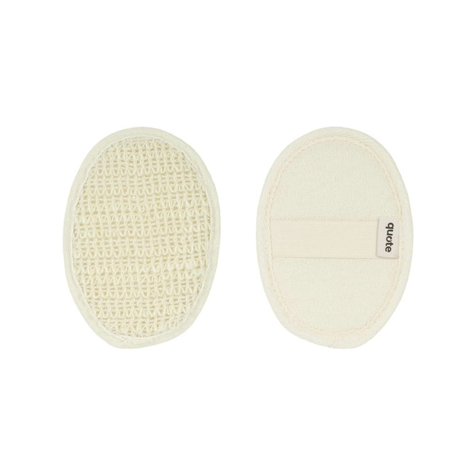 A natural cotton linen bath sponge pad in a cream colour, featuring a textured side and a smooth side with a strap.