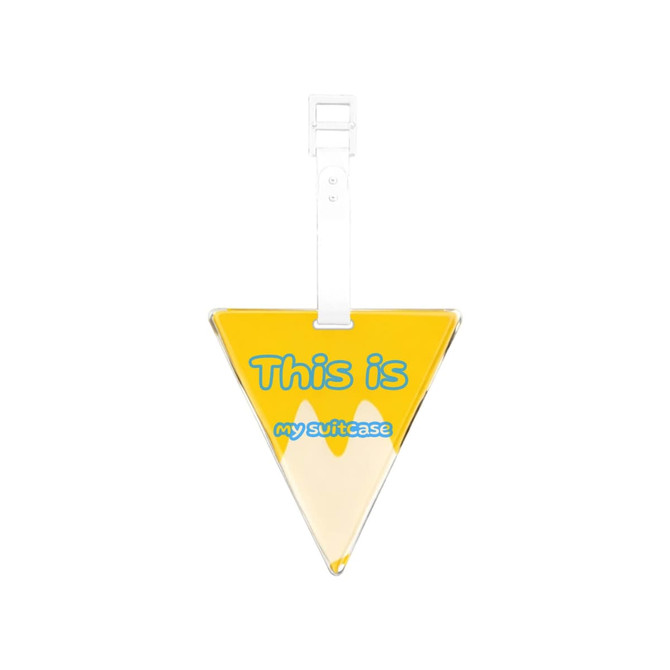 A triangular acrylic luggage tag in yellow with a clear strap and a logo.