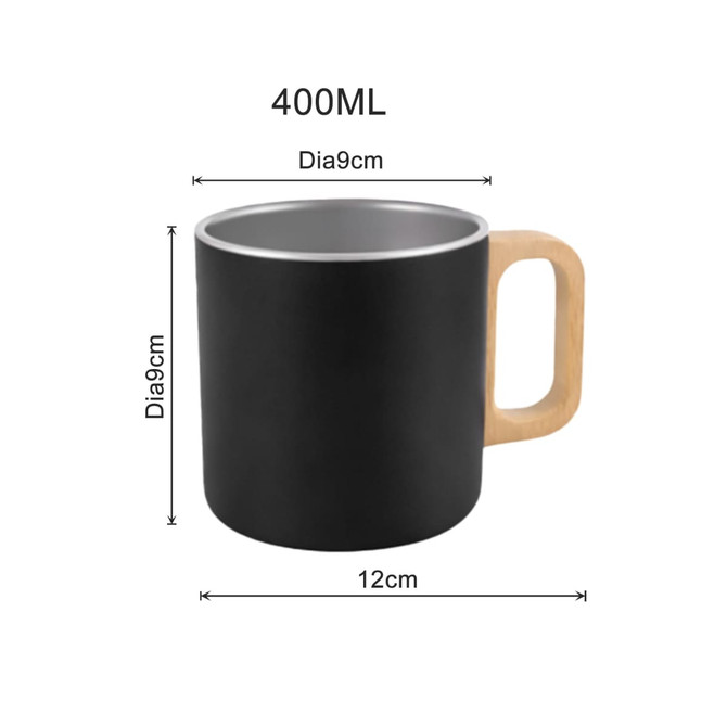 A drink bottle featuring a black stainless steel body, a wooden handle, and a 400ML capacity with dimensions provided.