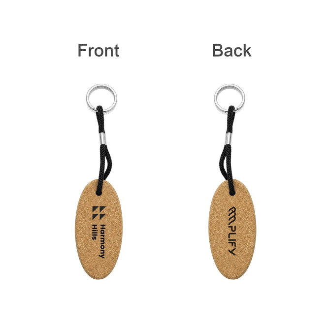 Oval cork keyring featuring a looped string attachment, with one side displaying a logo and the other plain.
