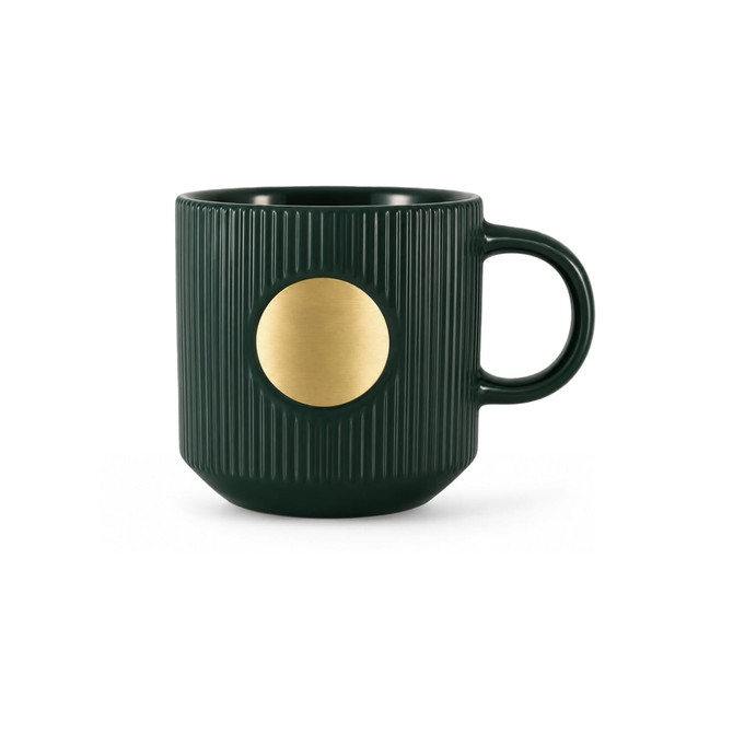A dark green ceramic mug featuring a ribbed texture and a bronze medal emblem on the front.