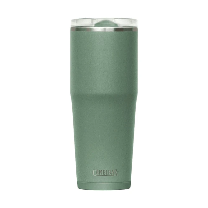A drink bottle in a muted green colour with a stainless steel finish and a transparent lid, featuring a logo.