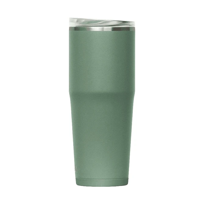A drink bottle with a sleek design, featuring a matte green finish and a stainless steel top. It has a logo.