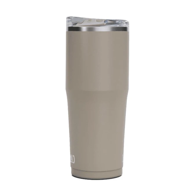 A drink bottle in a matte beige colour with a metal lid and a clear plastic top. It features a logo.