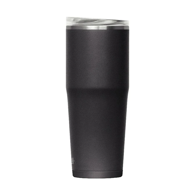 A drink bottle in matte black with a clear lid, featuring a sleek, tapered design and a branding logo.
