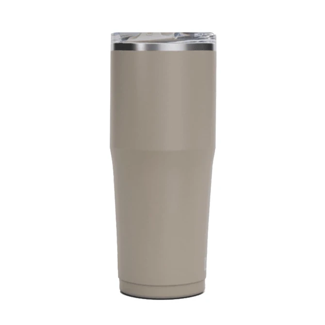 A drink bottle in a muted beige colour with a silver lid, featuring a logo on the side.