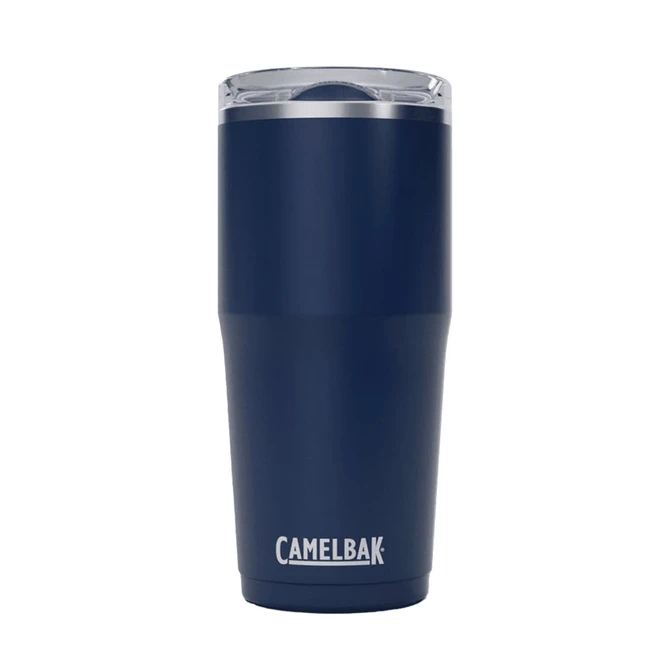 A drink bottle in navy blue with a clear lid, featuring a logo. Suitable for travel and on-the-go use.