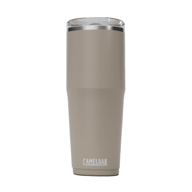 A drink bottle in a matte tan colour with a stainless steel lid and a logo at the bottom.
