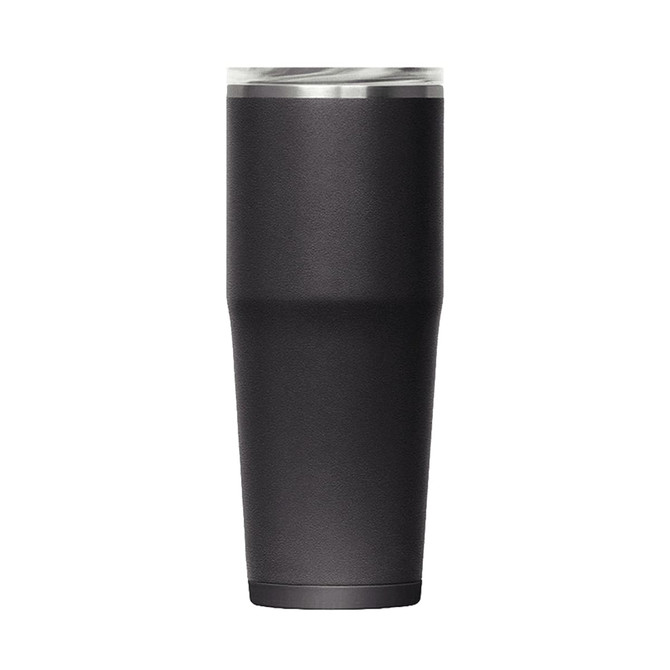 A drink bottle in matte black finish with a clear lid and a sleek, tapered design, featuring a logo.