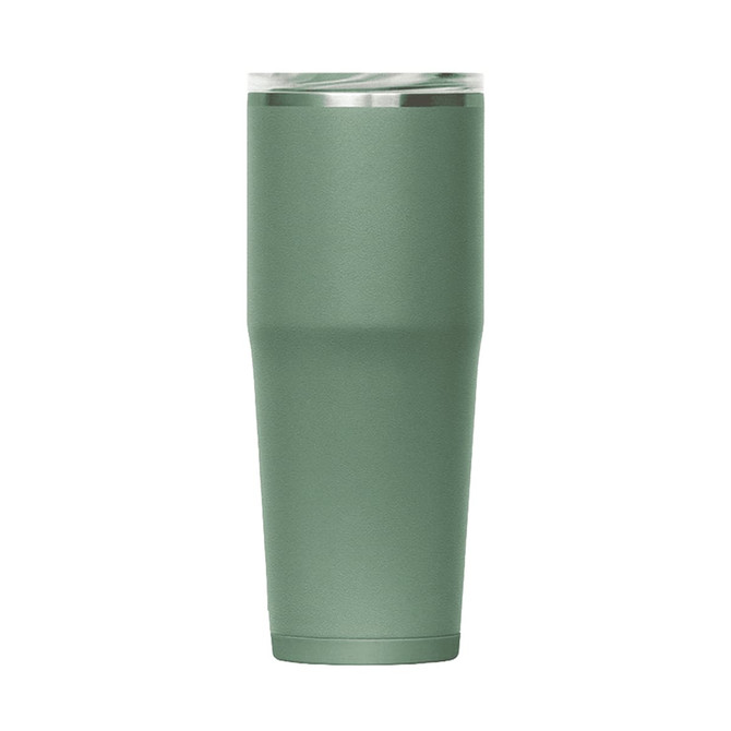 A drink bottle in a matte green finish, featuring a clear lid and stainless steel accents, with a logo.