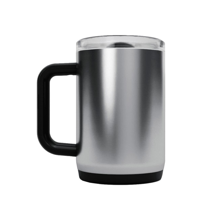A drink bottle with a stainless steel exterior, black plastic handle, and a transparent lid. It features a logo.