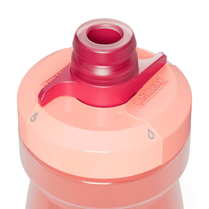 A drink bottle in shades of pink with a red spout and cap, featuring a logo.
