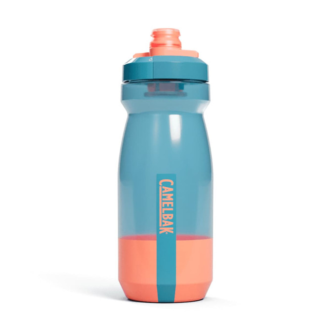 A drink bottle featuring a blue and coral design, with a twist-off lid and a logo.