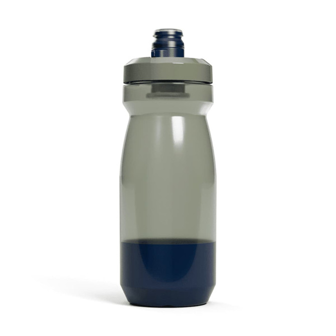A drink bottle in grey with a navy blue base, featuring a twist top and a logo on the side.
