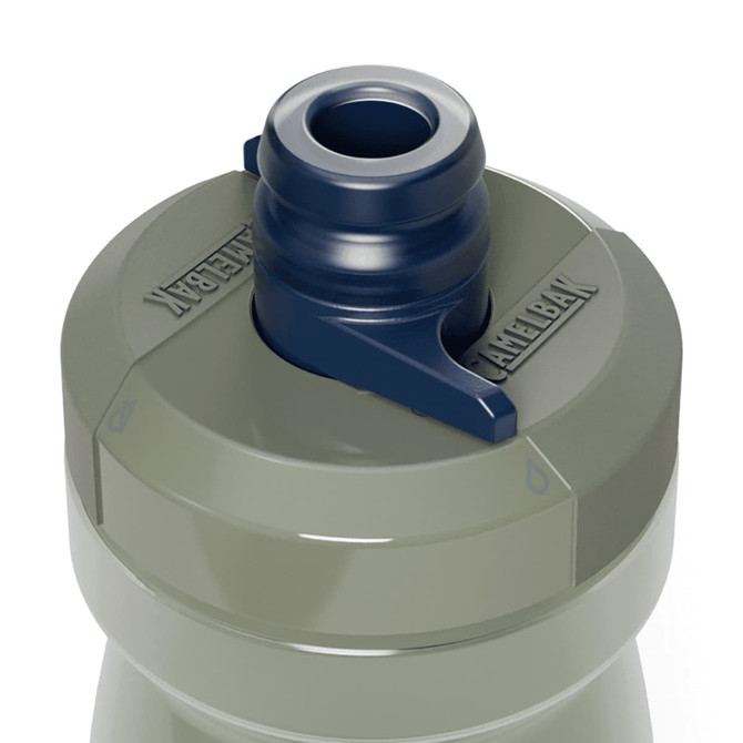 A drink bottle in olive green with a grey cap and a blue spout, featuring a brand logo on the side.