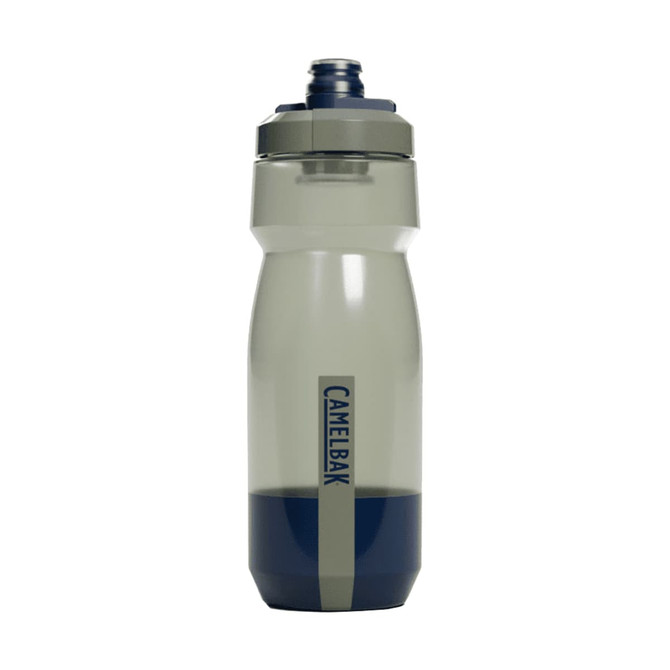 A drink bottle in clear grey with navy detailing, featuring a lid and a logo.