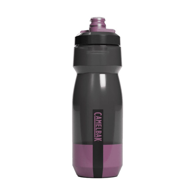 A drink bottle in grey and purple with a black cap and a logo on the side.