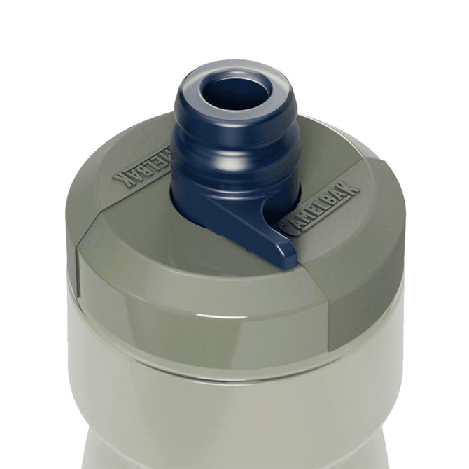 A drink bottle with a grey body and a navy-coloured spout, featuring branding.