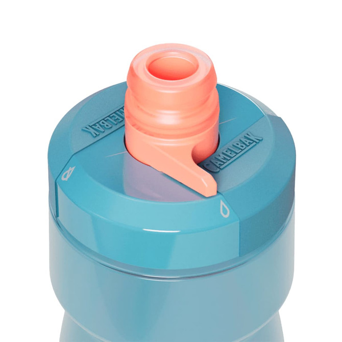 A drink bottle in shades of blue with an orange lid and a push-pull cap, featuring a logo on the side.