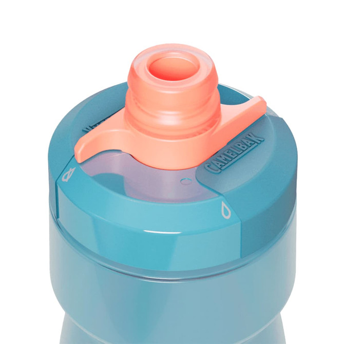 A drink bottle in shades of blue with a pink nozzle and a logo on the cap.