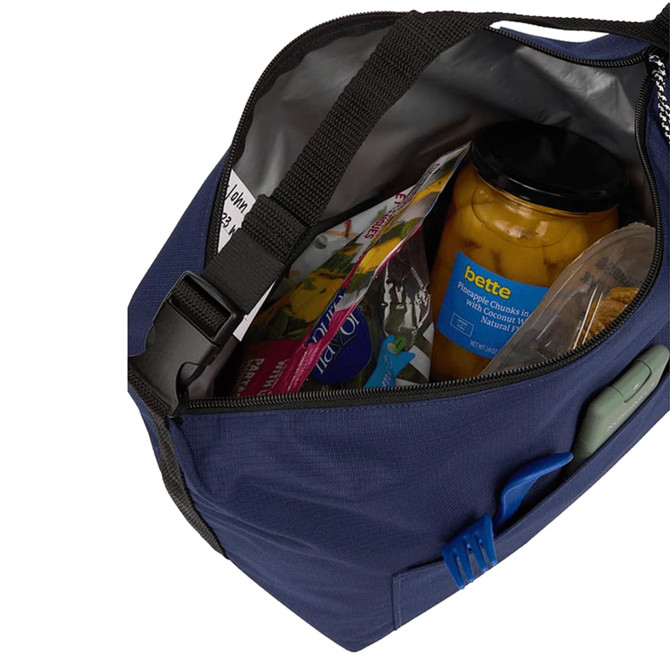 A navy cooler bag featuring snacks and a jar inside, with a shoulder strap and zippered closure.