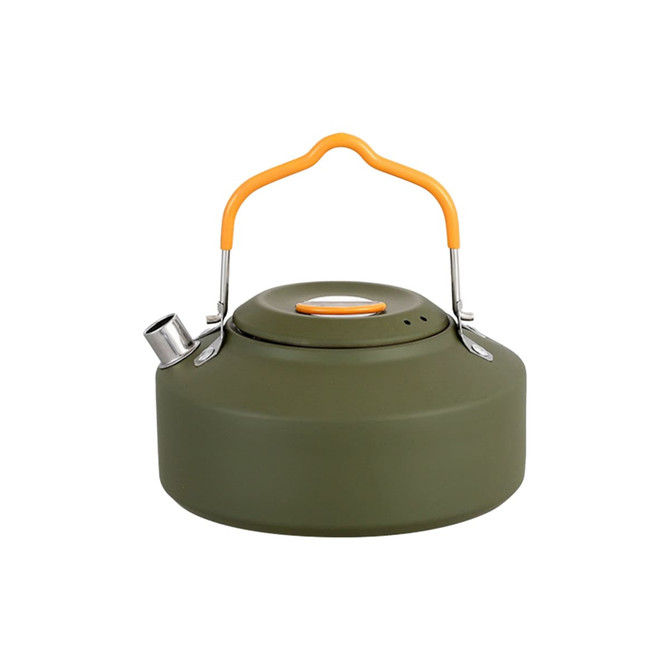 A green camping kettle with a removable orange handle and a spout. It features a lid and an integrated design.