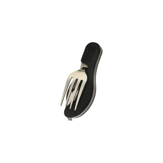 A stainless steel camping cutlery set with a fork and knife, featuring a black handle and branding on the side.