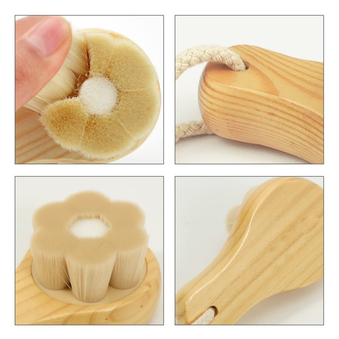 A flower-shaped facial cleansing brush with soft bristles and a wooden handle, featuring a hanging loop.