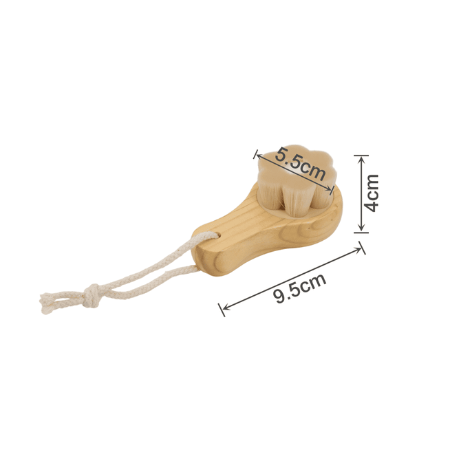 A flower-shaped facial cleansing brush with a wooden handle and soft bristles, featuring a hanging cord.