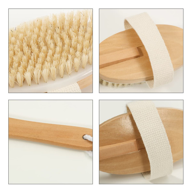 A detachable shower brush with a long wooden handle and a textured white strap, featuring soft bristles.