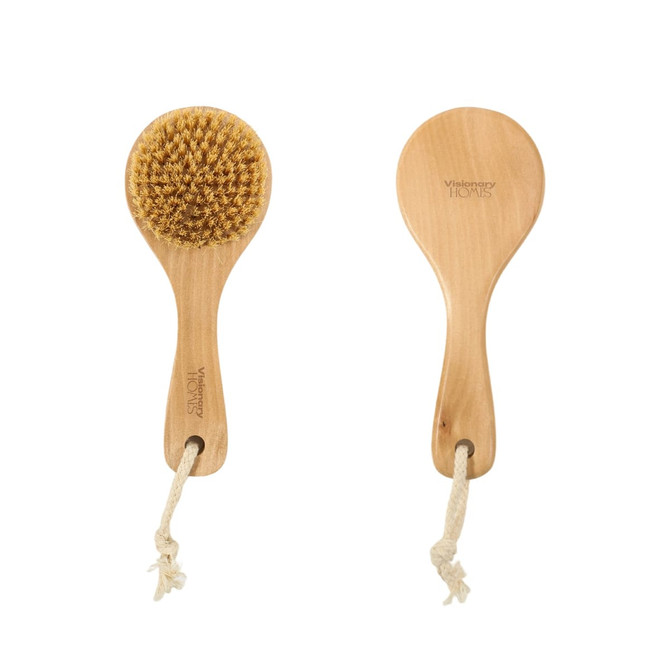 A round body brush with a short wooden handle and bristles, featuring a string for hanging.