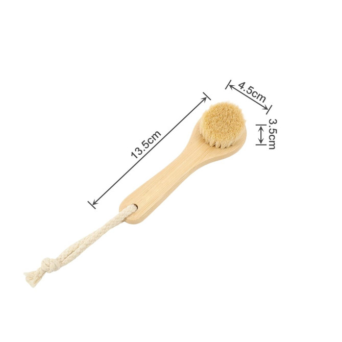 A natural wooden face brush with a soft bristle head and a rope handle, measuring 13.5 cm in length.