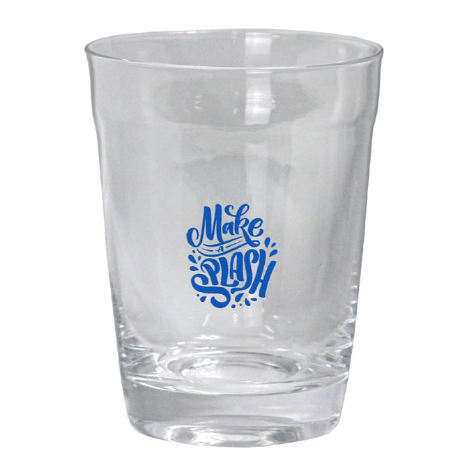 A clear glass carry cup featuring a blue logo and a smooth design, ideal for drinkware.
