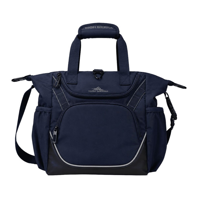 A navy blue bag featuring multiple pockets, sturdy handles, and a shoulder strap, with a logo on the front.