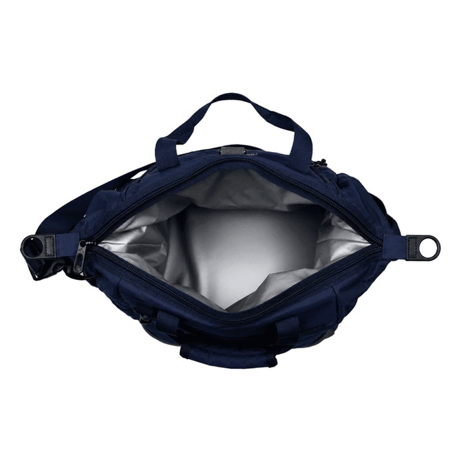A navy cooler bag with a spacious silver-lined interior and multiple carrying options. It includes a logo.