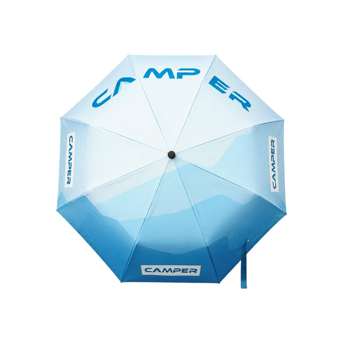 An anti-rebound folding umbrella in shades of blue with a logo and a curved design.