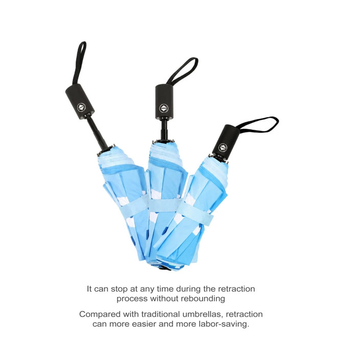 A blue anti-rebound folding umbrella with a compact design and a logo displayed.