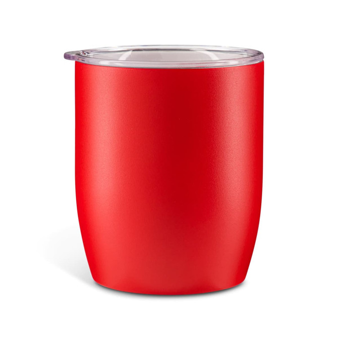 A red coffee cup with a clear lid and a matte finish. The cup has a rounded shape and a smooth surface.
