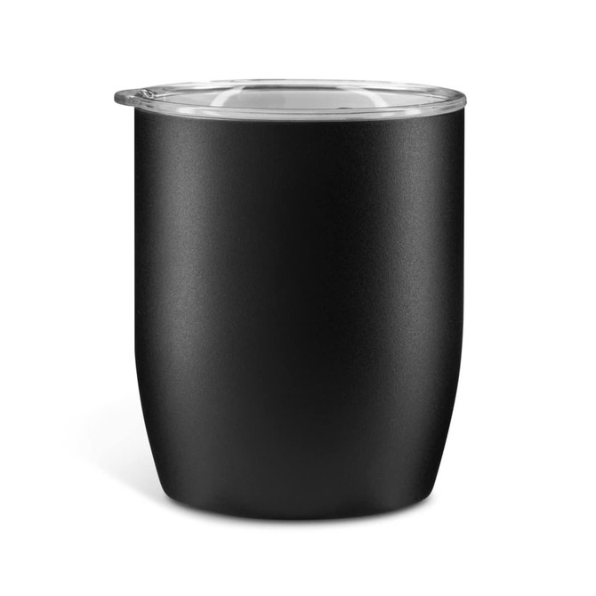 A black coffee cup with a clear lid and a sleek, minimalist design. It features a branding logo.