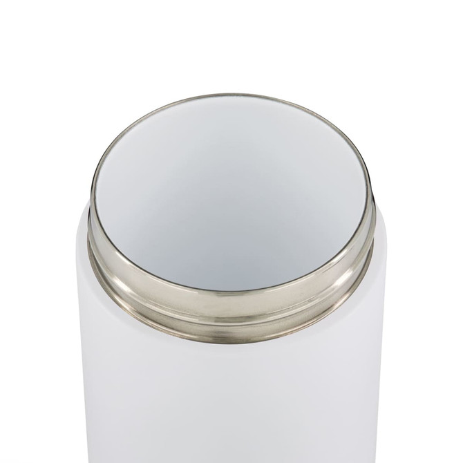 A drink bottle featuring a white body with a silver rim, showcasing a smooth, modern design.