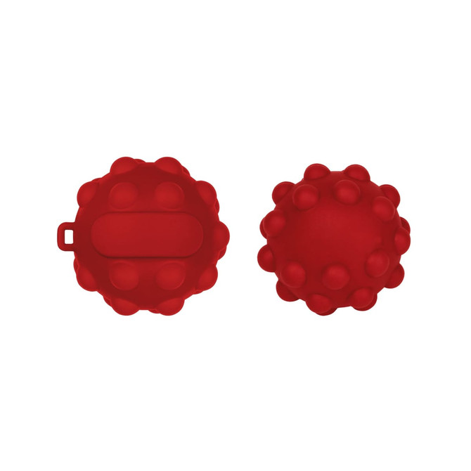 A red silicone ball with a textured surface, featuring a flat section for grip and branding.
