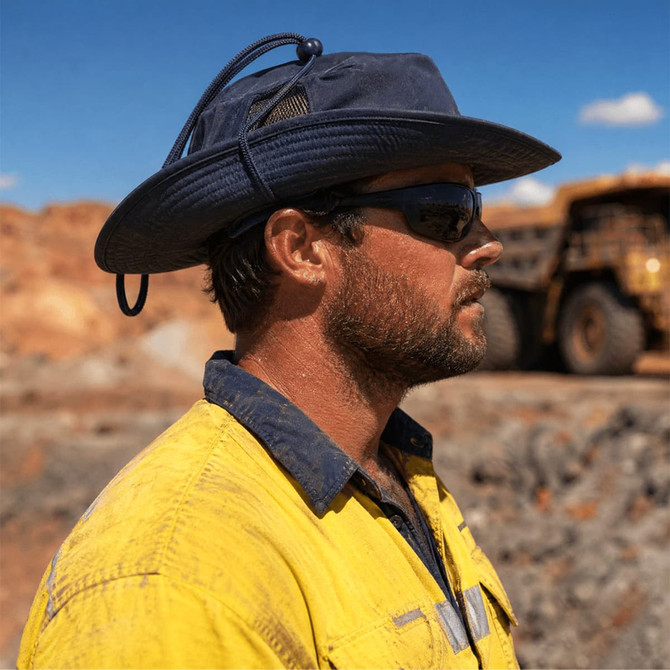 A blue recycled surf hat worn by a man in safety gear, with sunglasses, set against an industrial background.
