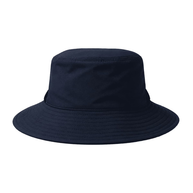 A navy recycled surf hat with a wide brim and a structured crown, featuring a logo on the side.