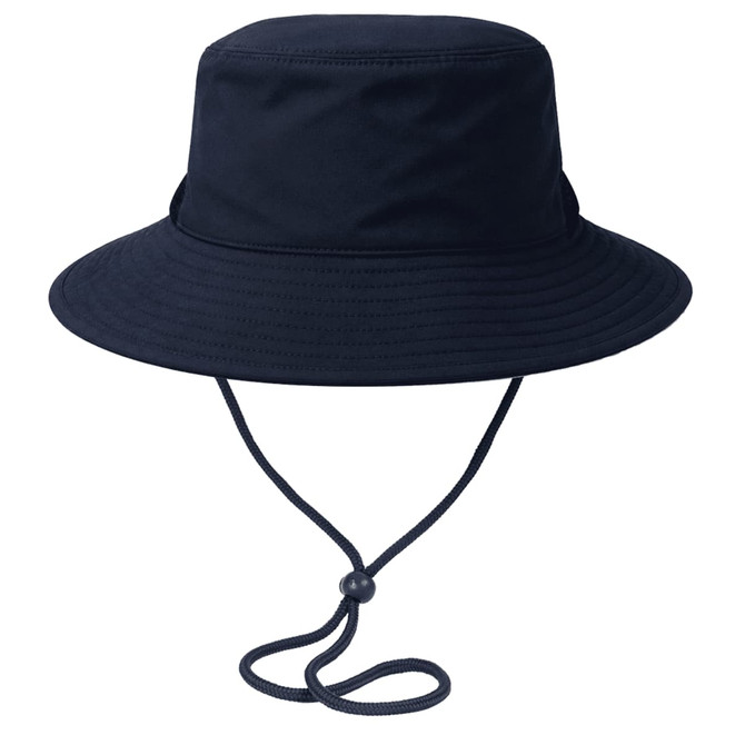 A navy recycled surf hat with a wide brim and an adjustable chin strap. It features a logo on the side.
