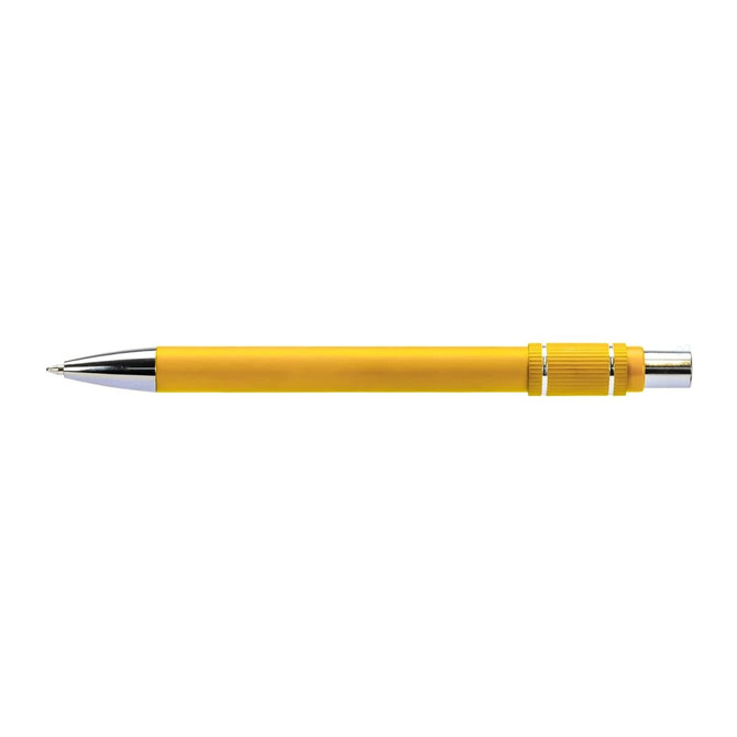 A yellow metal pen with a shiny chrome tip and a textured grip, featuring a branding logo.