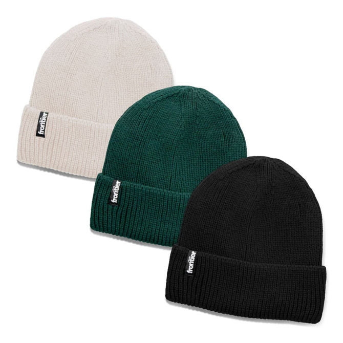 Three beanies in cream, dark green, and black, featuring a small logo on each.