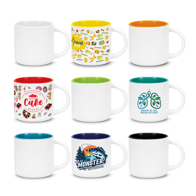 A collection of nine coffee mugs in various colours, featuring different designs and a logo on some mugs.