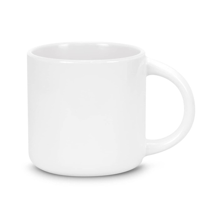 A coffee mug in white, featuring a rounded shape and a sturdy handle. It has a simple design with a logo.