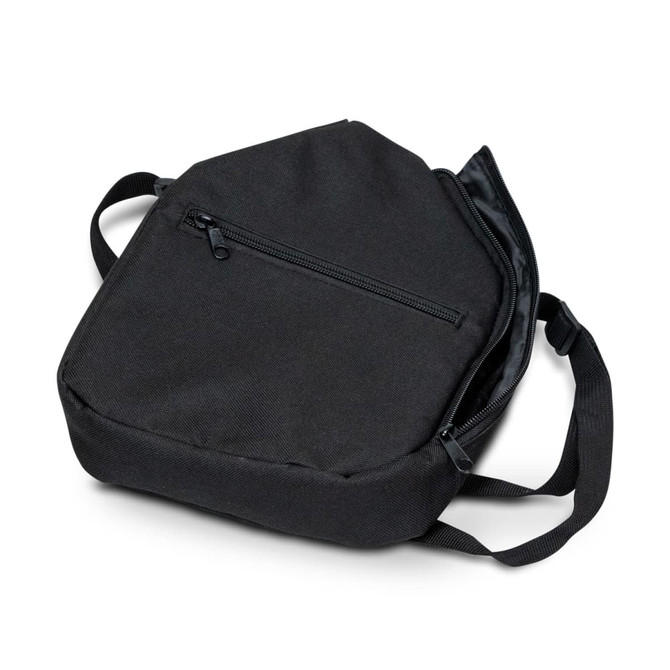 A black bag with a zippered pocket and adjustable strap, suitable for carrying sports gear.