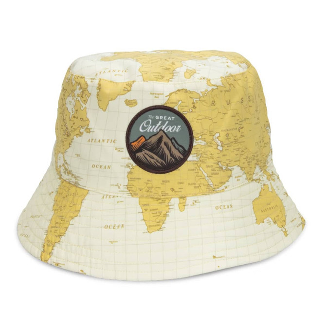 A bucket hat featuring a world map design in yellow, with a round logo patch on the front.
